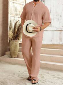 Manfinity RSRT Manfinity Nomadique Cotton Men's Casual Solid Color Shirt & Pants Set, Minimalist Fashion For Daily Casual Wear, Men Two Pieces Outfits, White Men Set, Boy Friends Gifts Men's Two Pieces Set Men Two Pieces Set Summer Men Two Pieces Sets Summer Two Pieces Set For Men - Dusty Pink - View 3