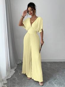 Lyxana Solid Color Deep V-Neck Bat-Wing Pleated Elegant Women's Jumpsuit - Yellow - View 5