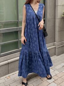 FRIFUL 女士露背蝴蝶结无袖印花宽松大摆连衣裙，适合度假和海滩休闲穿着。 - 藏蓝色 - 查看 6