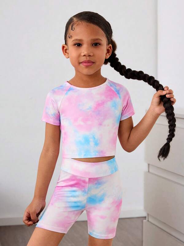 SHEIN Kleine Mädchen 2 Stücke/Set Batik-Strick Raglan Top und Shorts Sportbekleidung Set