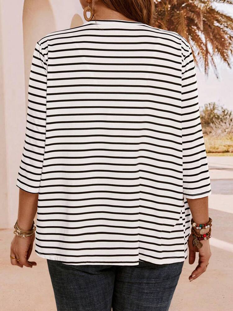 Plus Size Women's Summer Vacation Striped Three Quarter Sleeve Coat, Gifts For Mother, Summer Holiday, Vacation Women, Simple And Fashionable For Everyday Wear, Vacay Vibes, Spring-Break, Casual Wear , Bohemia
