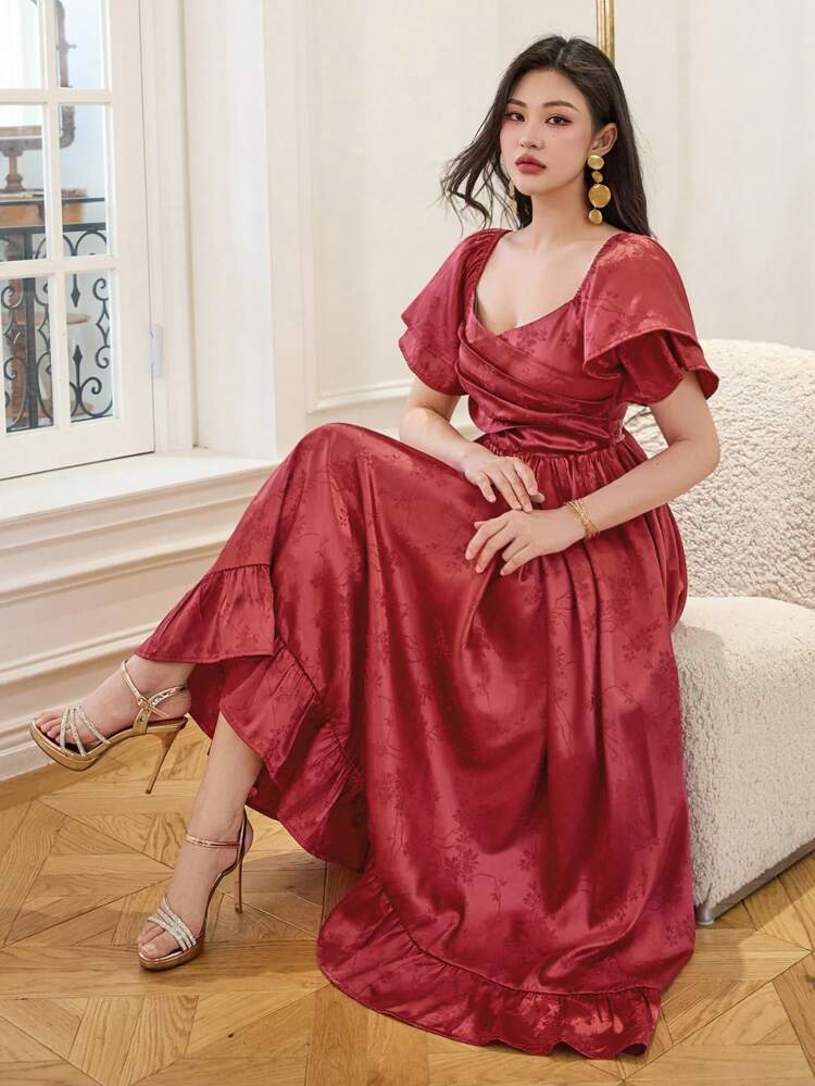 Women's Summer French Retro Square Collar Ruffle Sleeve Solid Color Mid-Length Dress Red Women Dresses Christmas Maxi Dress