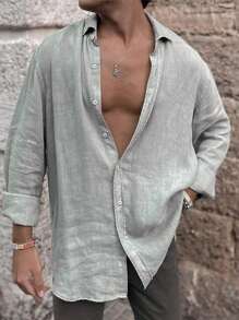 Manfinity Dauomo Camicia casual da uomo, tinta unita, a manica lunga, monopetto, ampia - Grigio - Visualizzare 1