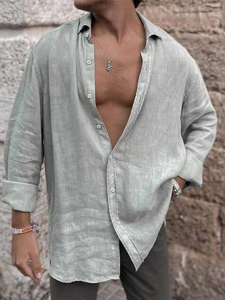 Manfinity Dauomo Camicia casual da uomo, tinta unita, a manica lunga, monopetto, ampia - Grigio - Visualizzare 1