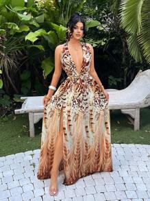 SHEIN SXY 夏季波西米亚豹纹深 V 领高开衩飘逸连衣裙，性感露背度假连衣裙，适合海岛、海滩、度假装 - 彩色 - 查看 3