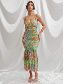L'Amorae Floral Ruched Mermaid Hem With Cutout Details Dress