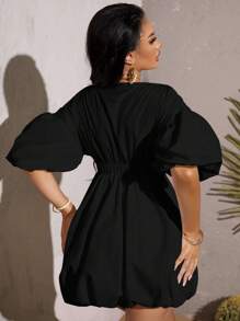 SHEIN SXY Summer Beach Deep V Neck Puff Sleeve Dress - Black - View 2