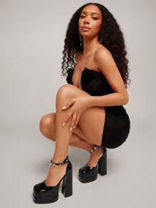 SHUZIA Women's Satin Ankle Strap Double Platform Heel Pumps - Black - View 6