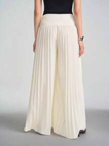 SHEIN Stylify 万圣节假期返校节全褶服装飘逸短裙阔腿裤白色宽松雪纺适合外出度假教堂。 - 杏色 - 查看 2