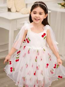 SHEIN Glamorique Kids Flower Girl, Little Girl, Princess Dress, Cherry Embroidered Mesh, Fluffy And Connected Clothes, Big Bow, White Mesh Suspender Dress, Birthday Party, Wedding, Holiday Dress, European And American Seasonal Dress, Easter, Summer, Vestido Elegance Para Fiesta - White - View 5