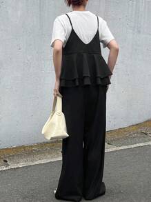 FRIFUL Women's Sleeveless Back Ruffle Trim Casual Jumpsuit, Solid Color Business Casual Fall/Winter Romper - Black - View 1
