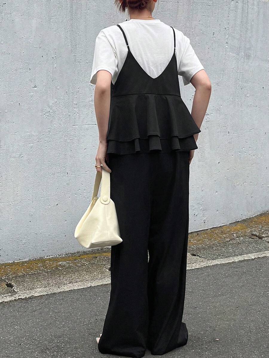 FRIFUL Women's Sleeveless Back Ruffle Trim Casual Jumpsuit, Solid Color Business Casual Fall/Winter Romper - Black - View 1
