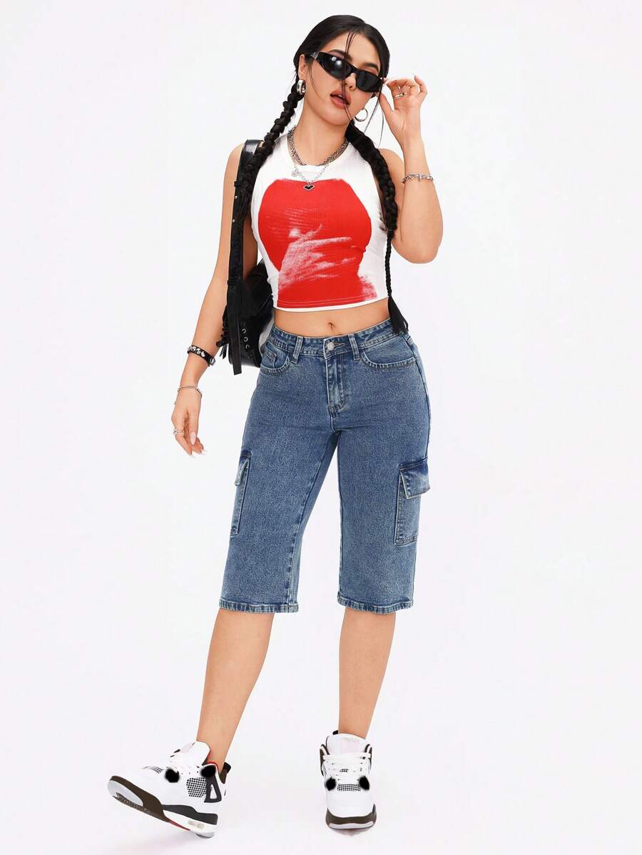 SHEIN EZwear 女士牛仔裤，适合夏季 - 藍色 - 查看 1