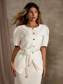 Flirla Elegant Plus Size French Style 3D Flower Cinched Waist Chain Decor Short Sleeve Blouse - Apricot - View 6