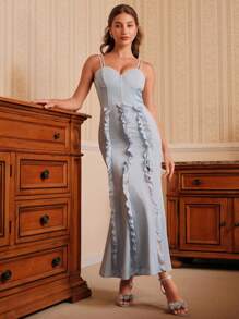SHEIN Unity Ruffle Hem Split Waist Dress With Spaghetti Straps - Blue - View 6