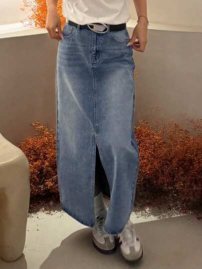 Livesso Distressed Washed White Long Slit Pocket Women Denim Skirt,Fall Clothes Jeans Skirt