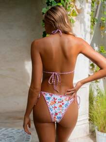SHEIN Swim Women's Floral Print Halter Neck Bikini Set With Tie Detail, Fashionable And Comfortable For Beach Wear For Summer Beach Vacation