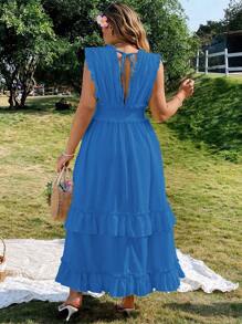 Flirla Gaun Panjang Wanita Ukuran Plus Elegan Warna Polos dengan Hiasan Ruffle dan Tali - Royal Blue - View 2