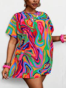 SHEIN CURVE+ Plus Size Casual Simple Colorful Striped Summer Shirt, Curve Plus, Boho Vacation Beach Outfits For Woman/Beach /Beach Vacation Outfits/Beach Essentials / Graduation/Tea Party  Summer/Country/Beach Vacation Outfits/Beach Outfits/Beach Wear - Multicolor - View 3