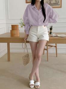 DAZY Women's Casual Business Style Loose Fit Solid Color Long Sleeve Collared Blouse