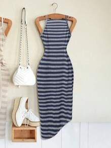 SHEIN Tall Women Plus Size Striped Bowknot Asymmetrical Hem Fitted Cami Dress - Navy Blue - View 2