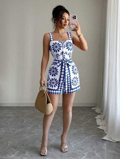 Selianne Mono de salto digital con estampado floral de dopamina naranja, prenda de vestir versátil y de moda para vacaciones para mujeres