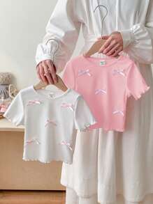 SHEIN LMoss Kids 2 件套 Babygirl 可爱蝴蝶结针织短袖上衣，夏季百搭 - 粉色 - 查看 1