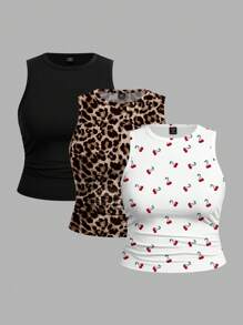 SHEIN EZwear 3pcs/Set Casual Solid Color + Leopard Print + Cherry Print Fitted Plus Size Top Tank Tops, Summer Back To School - Multicolor - View 10
