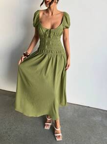 Aloruh Green Backless V-Neck Short Sleeve Dress - Green - View 7