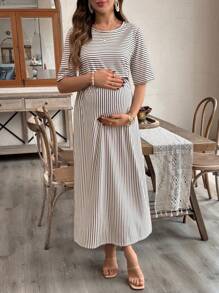 SHEIN Maternity & Nursing Striped Dress, Fashion Suitable For Summer - Khaki - View 4