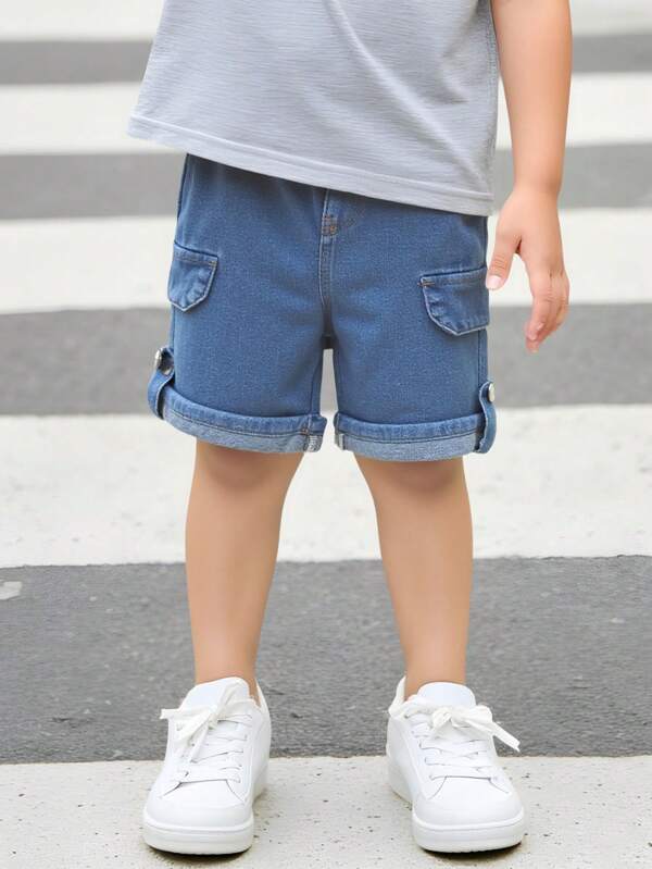 SHEIN Playful Pals Young Boy Blue Denim Casual Shorts, Suitable For Outdoor, Summer Versatile