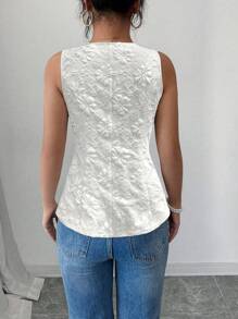Elenzga Áo len cardigan không tay cài nút phía trước bằng vải jacquard sáng bóng cổ trái tim màu trắng dành cho ngày lễ tình nhân, tôn dáng - Màu be - Xem 2