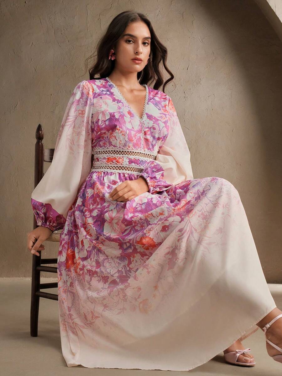 Anewsta Women's Spring/Summer New Lace Patchwork A-Line Long Sleeve Dress, Elegant Vacation Dress - Pink - View 1