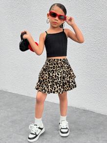 Young Girl Woven Leopard Print Slim-Fit Casual Skirt - Brown - View 6