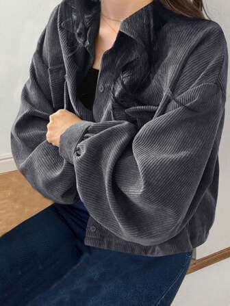 FRIFUL Damen Jacke mit Drop Shoulder, Langarm, Lässig, Cord, Taschenverzierung, für Herbst/Winter