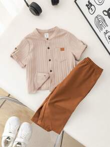 SHEIN LMoss Kids 2 件套婴儿幼儿男童/女童休闲简约纯色短袖衬衫上衣和松紧腰纯色裤子套装，春夏秋 - 彩色 - 查看 5