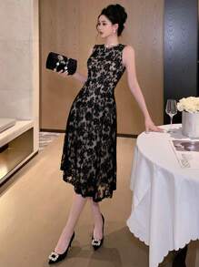 DAZY Lace Round Neck Sleeveless A-Line Pleated Mid-Calf Dress For Women