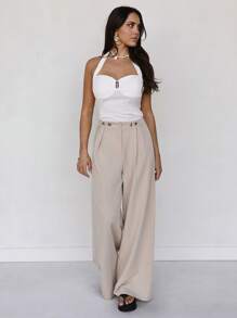 Roylia Women's Casual Solid Color Folding Pleated Spring/Summer Long Pants - Apricot - View 6