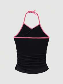 Tween Girl Ruffle Casual Halter Neck Fitted Camisole Top - Black - View 2