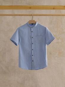 EASEVO Plus Size Men's Solid Color Versatile Single-Breasted Pocket Short Sleeve Shirt, Vacation, Father's Day Gifts - Baby Blue - View 5