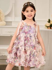 Glamorique Kids Vestido elegante sin mangas con estampado floral de organza y patchwork para niña joven