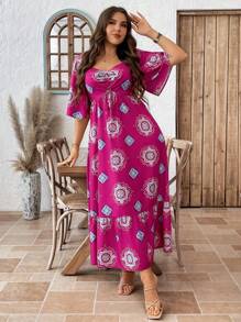 SHEIN LUNE Vestito da vacanza estivo con stampa all-over e orlo con volant, adatto anche per laurea, per taglie comode