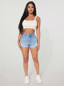 SHEIN PETITE 女士休闲破洞翻边口袋牛仔短裤，百搭