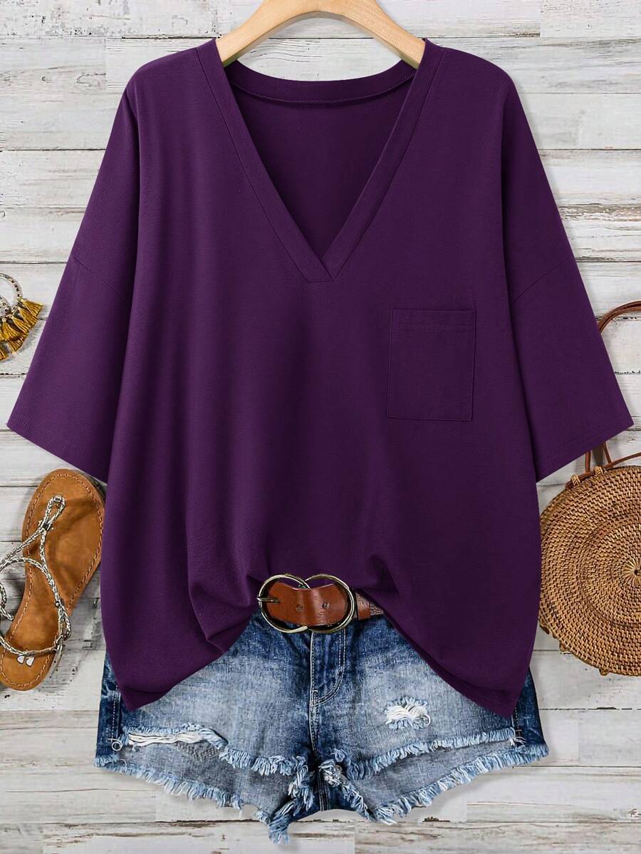 SHEIN LUNE Green Plus Size Summer Top Women's V-Neck Pocket T-Shirt Cotton Purple