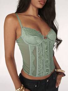 SHEIN BAE Débardeur en dentelle pour femmes, élégant vert sauge pour soirée d'été, polyvalent pour concert de rue, rave, anniversaire, rendez-vous, sortie nocturne, Noël - Vert menthe - Voir 8