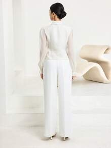 Heiryn Women's Elegant Mesh Patchwork Faux Pearl Button Front Summer Luxury Top - White - View 7