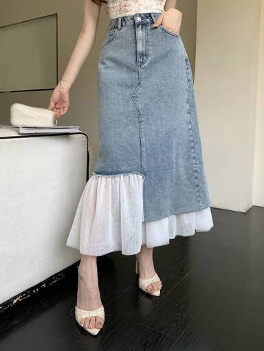DAZY Falda vaquera elegante de mujer con diseño asimétrico de empalme de malla, falda vaquera para primavera/verano