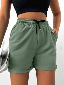 EURMUSE Women's Solid Color Simple Drawstring Shorts For Daily Wear - Mint Green - View 5