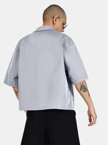 SUMWON Vintage Workwear Button Down Short Sleeve Work Shirt With Patch Pockets Utilitarian Industrial Street Style Boxy Fit Summer Spring Casual Wear - Light Grey - View 3