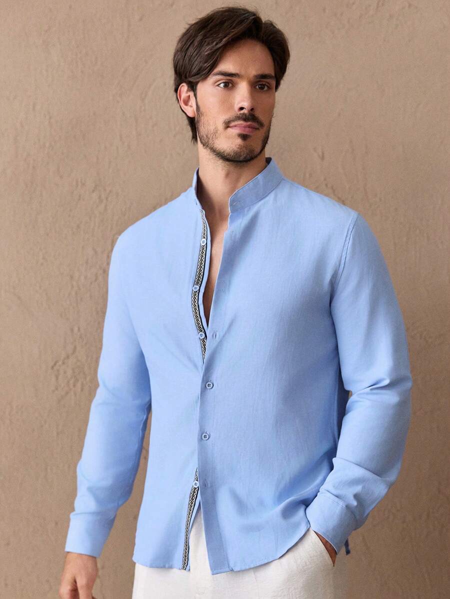 Manfinity VCAY Men Cotton Geo Taped Button Up Shirt, For Fall, Old Money, Long Sleeve Top - Baby Blue - View 1